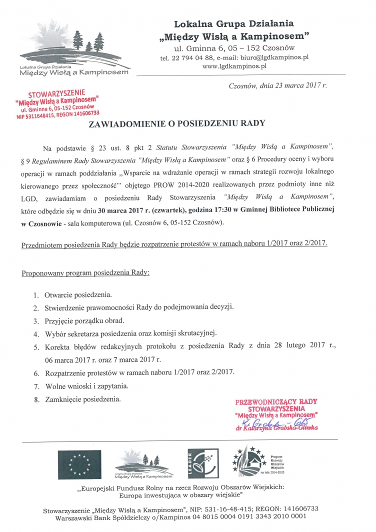 Posiedzenie Rady – rozpatrzenie protestów w ramach naborów 1/2017 oraz 2/2017